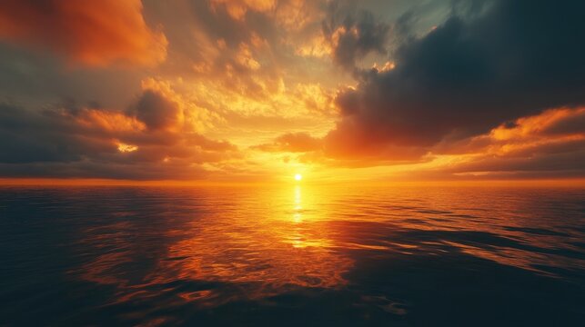 A boat drifts peacefully toward the horizon on a calm river under a vivid sunset sky with dramatic clouds reflecting orange and blue hues. Generative AI