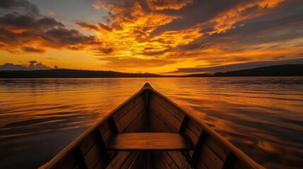 A boat drifts peacefully toward the horizon on a calm river under a vivid sunset sky with dramatic clouds reflecting orange and blue hues. Generative AI