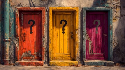 Three brightly colored, weathered doorways displaying prominent question marks suggest a moment of choice or unknown outcome.