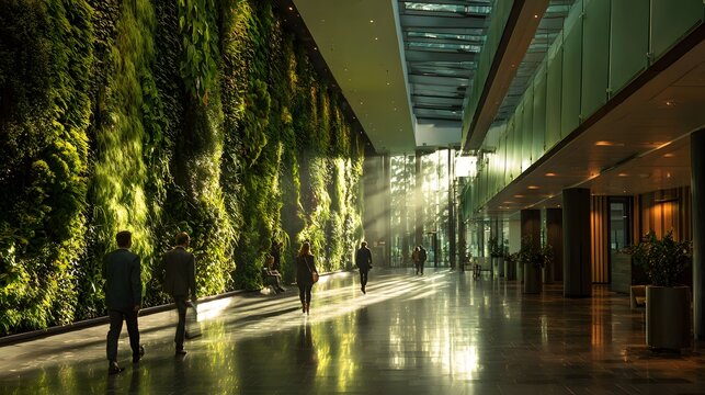 Modern interior walkway features a massive living plant wall illuminated by dramatic sunbeams - Powered by Adobe