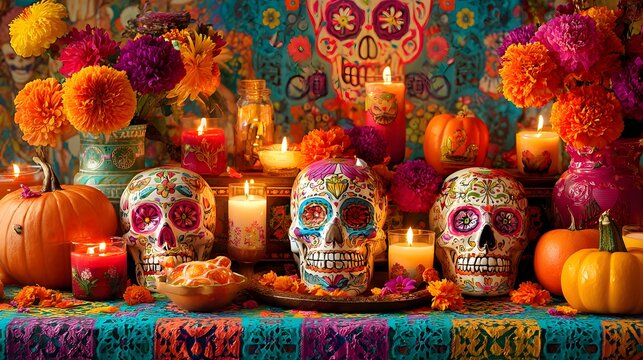Traditional holiday altar featuring decorated sugar skulls, vibrant flowers, and glowing candles