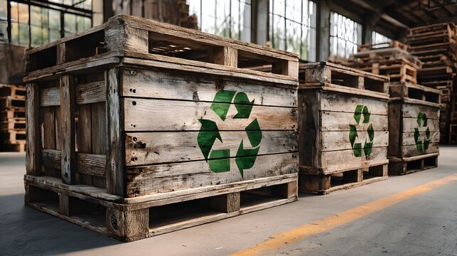 Weathered wooden shipping containers display prominent green recycling symbols inside a large storage facility