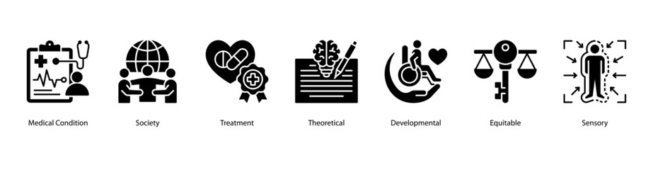 Health and Disability Awareness web banner illustration featuring Medical Condition,Society, Treatment, Theoretical, Developmental, Equitable, and Sensory. Promotes inclusive healthcare understanding.