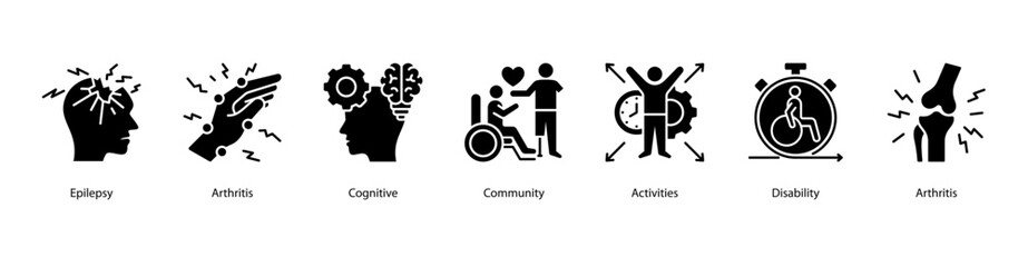 Neurological and Community Support web banner illustration featuring Epilepsy,Arthritis,Cognitive,Community,Activities,Disability, and Arthritis. Encourages health participation and social inclusion.