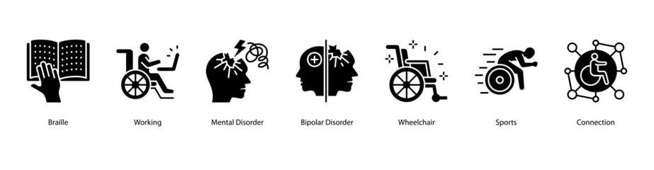 Mental and Emotional Wellness web banner illustration featuring Braille, Working, Mental Disorder, Bipolar Disorder, Wheelchair, Sports, and Connection. Promotes mental strength and inclusivity.