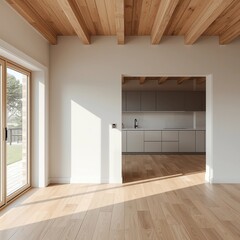 Fototapeta premium A modern kitchen interior a white blank wall with a window door and garden patio view with a swimming pool in the foreground, a potted plant Ficus on a side