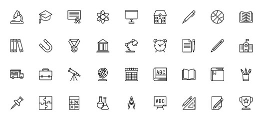 School icon set. Education vector icons pack. Minima outline icons including mcroscope, diploma, globe, alculator, books, pencil, chool bus and more. Editabe stroke.