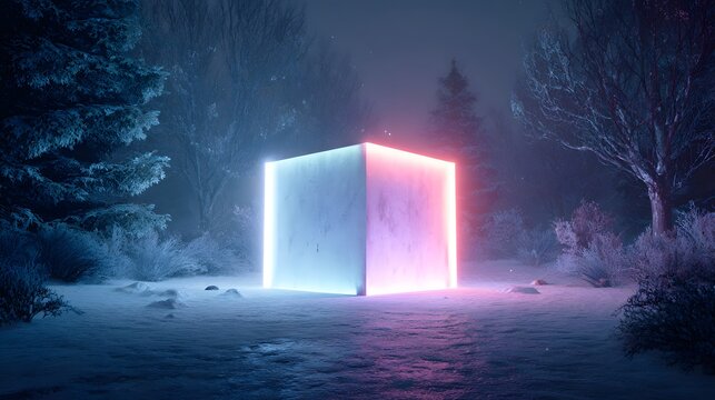 Glowing geometric object illuminates dark, snowy forest clearing at night