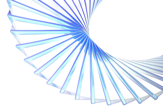 Abstract swirling geometric spiral of light and blue lines isolated on transparent background