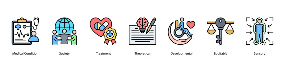 Health and Disability Awareness web banner illustration featuring Medical Condition,Society, Treatment, Theoretical, Developmental, Equitable, and Sensory. Promotes inclusive healthcare understanding.