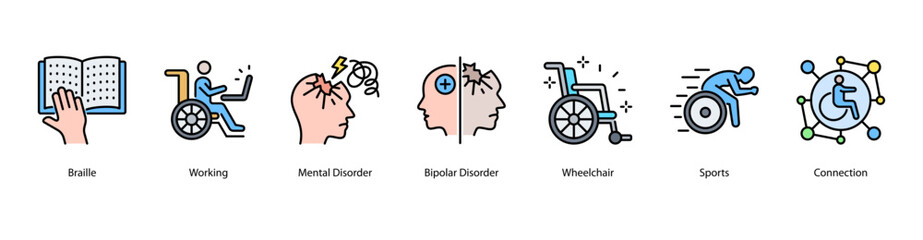 Mental and Emotional Wellness web banner illustration featuring Braille, Working, Mental Disorder, Bipolar Disorder, Wheelchair, Sports, and Connection. Promotes mental strength and inclusivity.