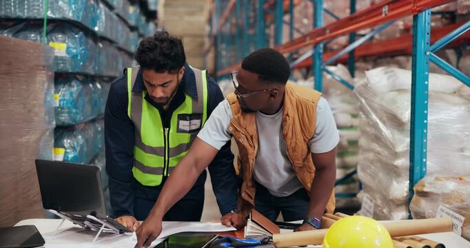 People, meeting and paperwork for shipping in warehouse with supply chain, discussion and order info. Collaboration, stock and tech for export and inventory management for logistics quality control