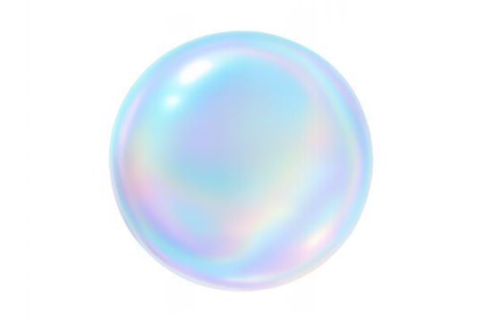 Iridescent soap bubble with reflection on transparent background