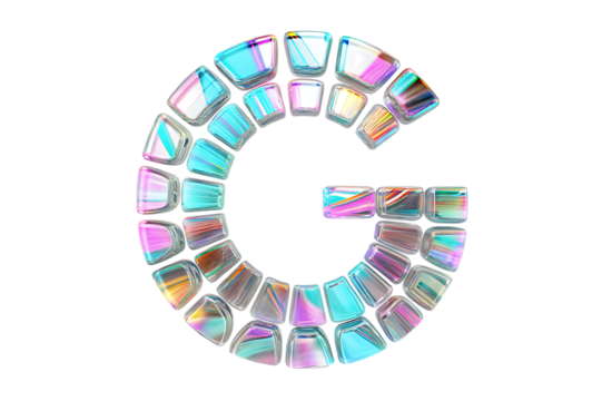 Alphabet letter g formed by iridescent mosaic tiles isolated on transparent background