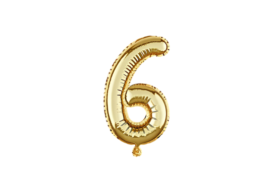 Shiny golden number six balloon isolated on transparent background for celebrations and events