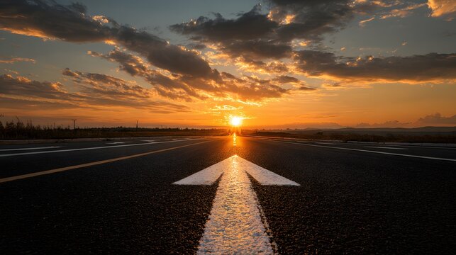 Straight road with forward direction arrow leads toward a brilliant sunset sky