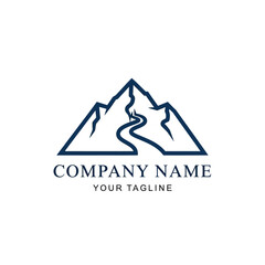 Minimalist mountain peak logo with a winding path illustration.