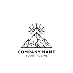 Mountain Camping Adventure Logo Design with Sun and Tent.