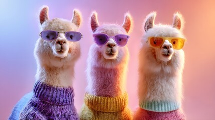 Obraz premium Three fluffy animals wearing colorful knit sweaters and protective eyewear pose together
