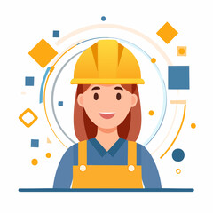 Cartoon Woman Construction Worker with Yellow Hard Hat and Overalls Illustration.