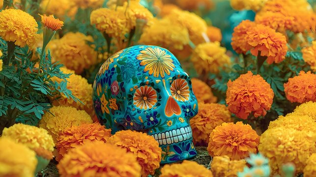 Vibrant decorative skull rests amidst a dense field of bright orange and yellow blossoms