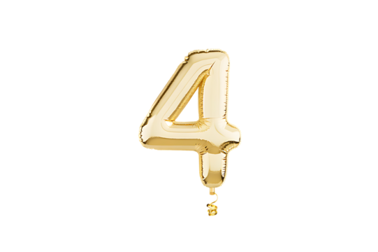 Shiny golden number four balloon with dripping effect isolated on transparent background