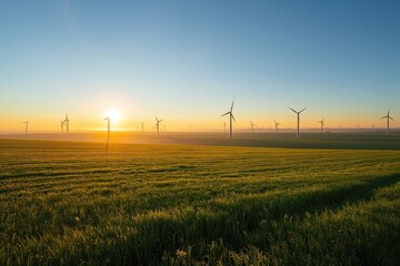 Obraz premium Verdant field dotted with numerous wind turbines, symbolizing sustainable energy at sunrise.