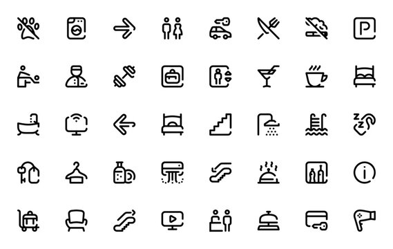 Hotel icon set. Minimal vector icons pack featuring o pets, laundry, restauran, parking, spa, gym, bed, athroom, internet, room sevice, reception, check outand more. Editable stroke.