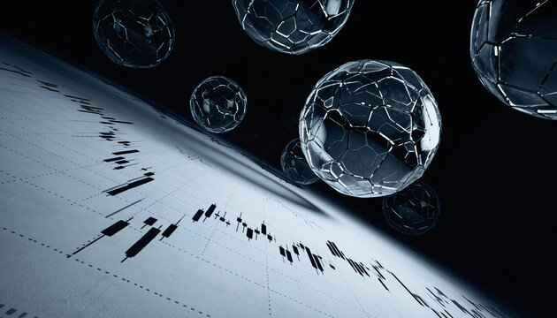 Abstract illustration of a financial chart with floating spheres symbolizing global interconnectedness