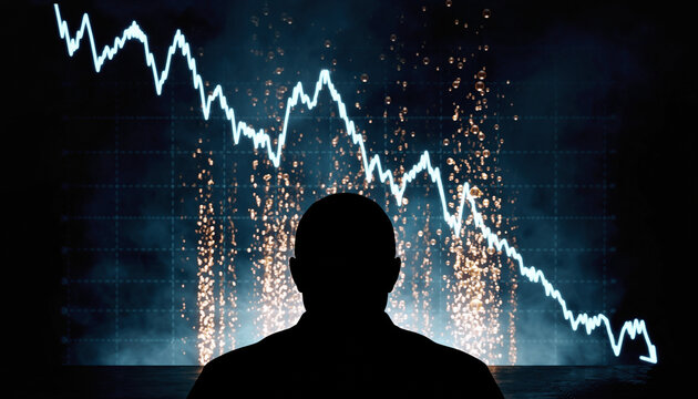 A silhouette of a person looking at a declining stock market graph, symbolizing financial struggles. Fireworks are displayed behind the silhouette