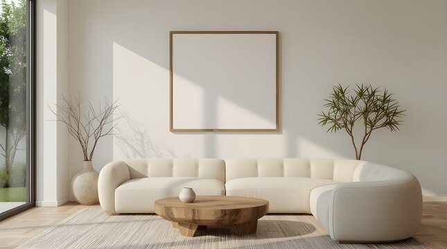 A modern living room with a beige sectional sofa, a round wooden coffee table, and a blank picture frame on the wall, offering a bright and minimalist interior design