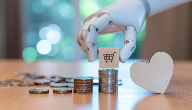 An AI hand carefully places a shopping cart icon atop a stack of coins next to a heart, symbolizing the future of e-commerce