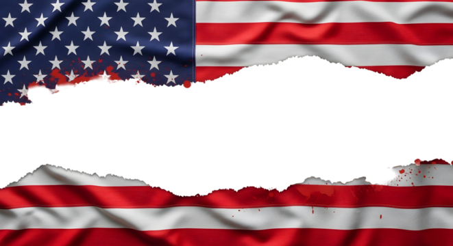 Torn American flag with blood splatters symbolizes national struggle and sacrifice, evoking powerful emotions for your impactful project.