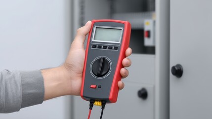 A hand holds a digital multimeter in a workspace, ready for electrical measurements.