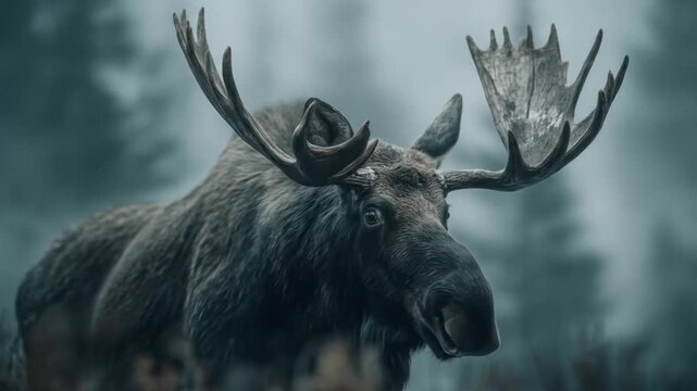 Majestic moose in misty forest wildlife animal portrait close up