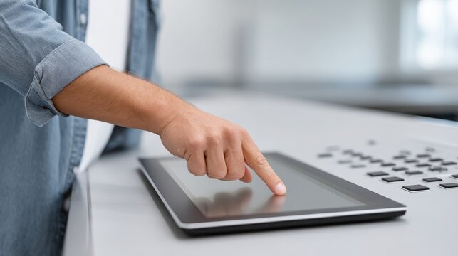 A person using a touchscreen device with a focus on their hand interaction.