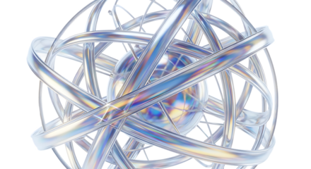 Abstract iridescent metallic geometric sphere structure with complex interwoven rings isolated on transparent background