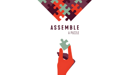 Hand holding a puzzle piece against a dark background with a large abstract puzzle formation above isolated on transparent background
