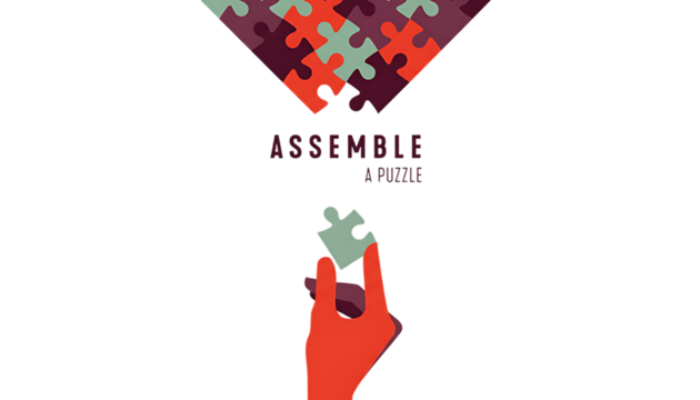 Hand holding a puzzle piece against a dark background with a large abstract puzzle formation above isolated on transparent background
