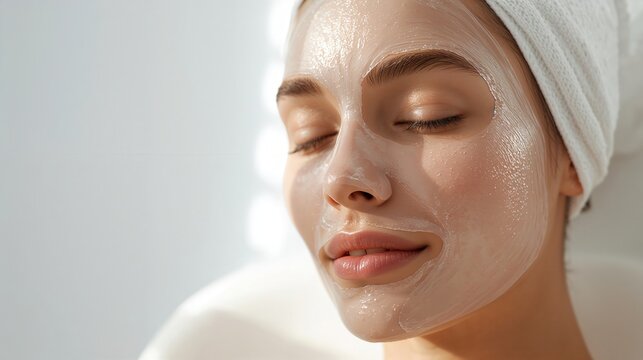Close up of a woman with a towel on her head and a facial mask relaxing with eyes closed. - Powered by Adobe