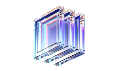 Three stacked clear glass prisms reflecting iridescent light isolated on transparent background