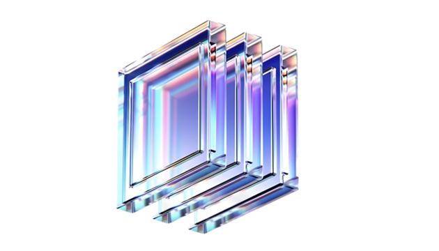 Three stacked clear glass prisms reflecting iridescent light isolated on transparent background