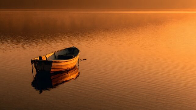 Small wooden rowboat floats peacefully on still water bathed in warm sunset light