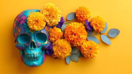 Brightly colored decorative skull adorned with vibrant orange flowers rests against a rich yellow backdrop