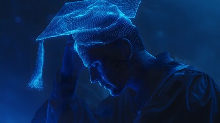 Digital representation of a graduate adjusting a mortarboard in dim blue lighting