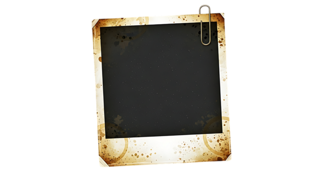 Vintage aged instant photo frame with paper clip attached isolated on transparent background