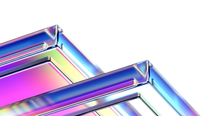 Close up abstract iridescent geometric shapes with holographic shimmer isolated on transparent background