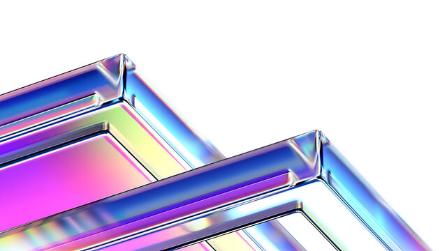 Close up abstract iridescent geometric shapes with holographic shimmer isolated on transparent background