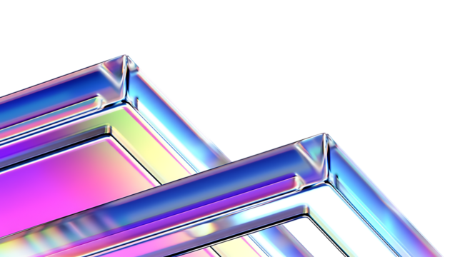 Close up abstract iridescent geometric shapes with holographic shimmer isolated on transparent background