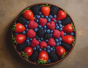 A top-down photo of assorted berries including strawberries, blueberries, raspberries, and blackberries arranged in a visually balanced color pattern, rich tones and detailed textures